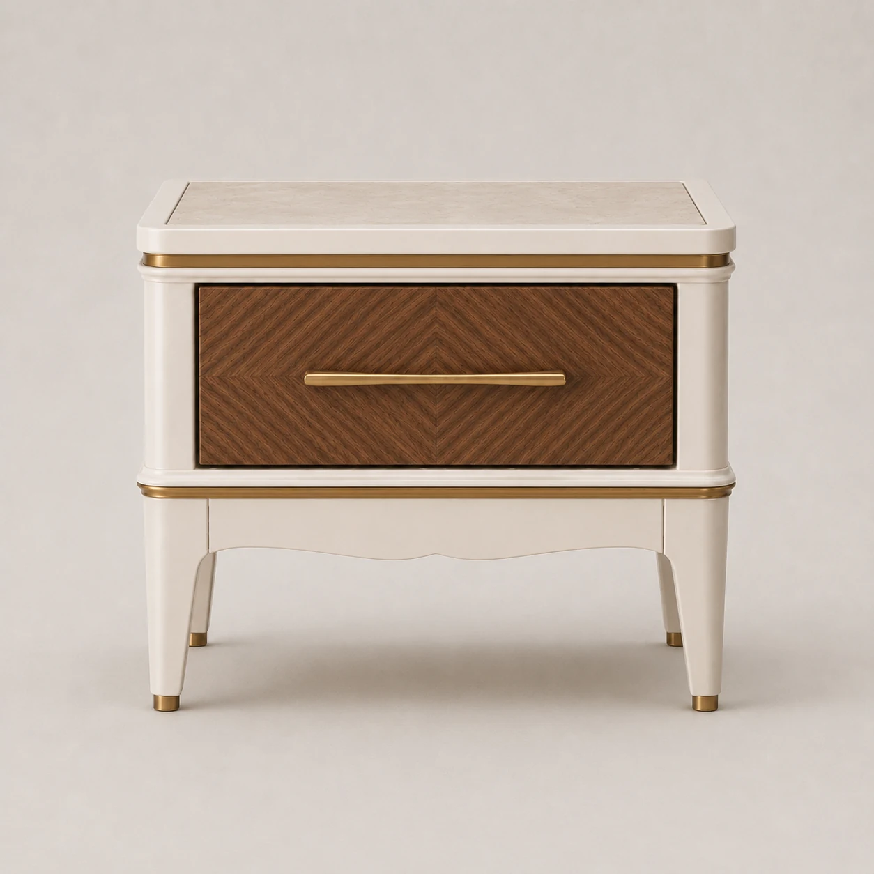 AN-02 VEIN bedside table seen straight from the front, single bookmatched walnut drawer with a long pull in a hand-applied bronze-tone patina finish