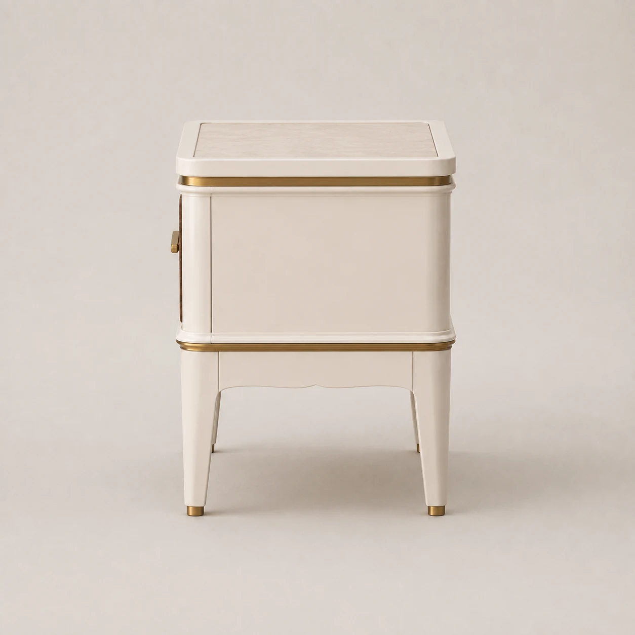 AN-02 VEIN bedside table right side, ivory lacquer panel and light mineral inset top