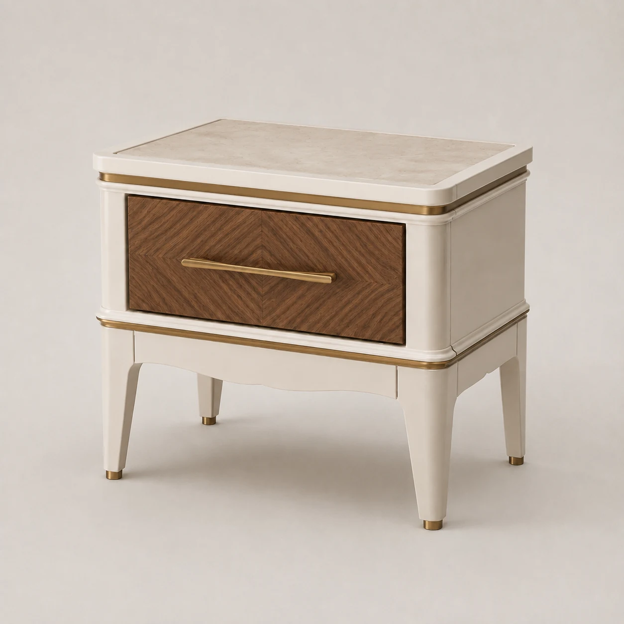 AN-02 VEIN bedside table at three-quarter angle, bookmatched walnut drawer in warm ivory lacquer with a light stone top