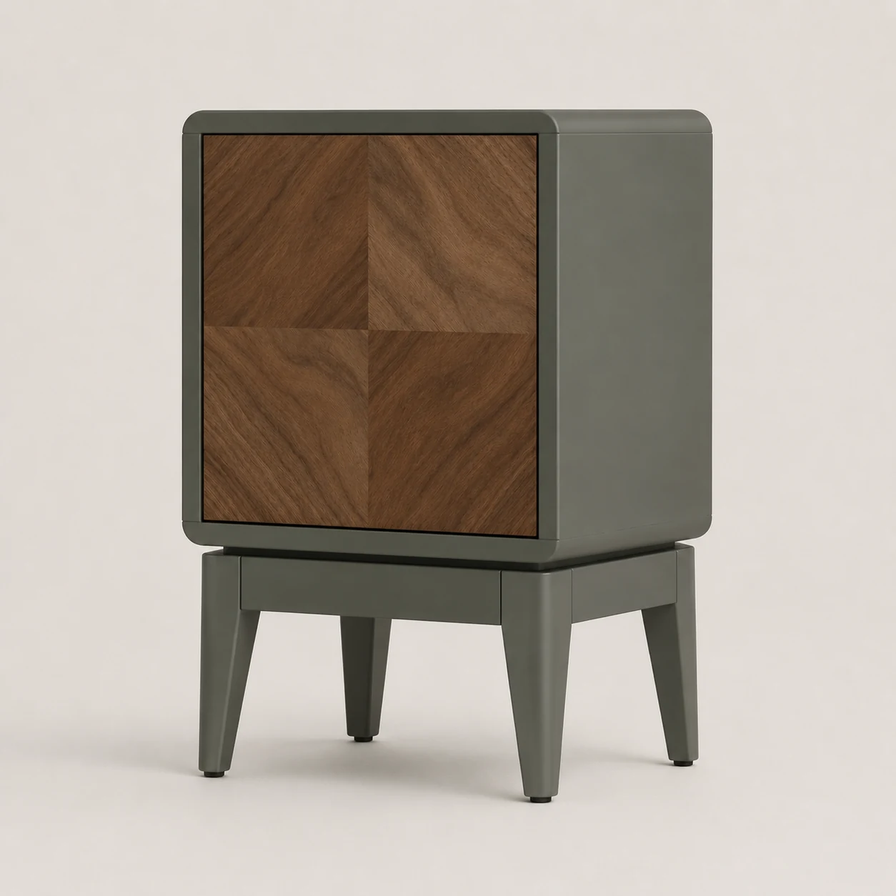 AN-03 GRAIN cabinet at three-quarter angle, bookmatched walnut door inside a deep olive-grey frame