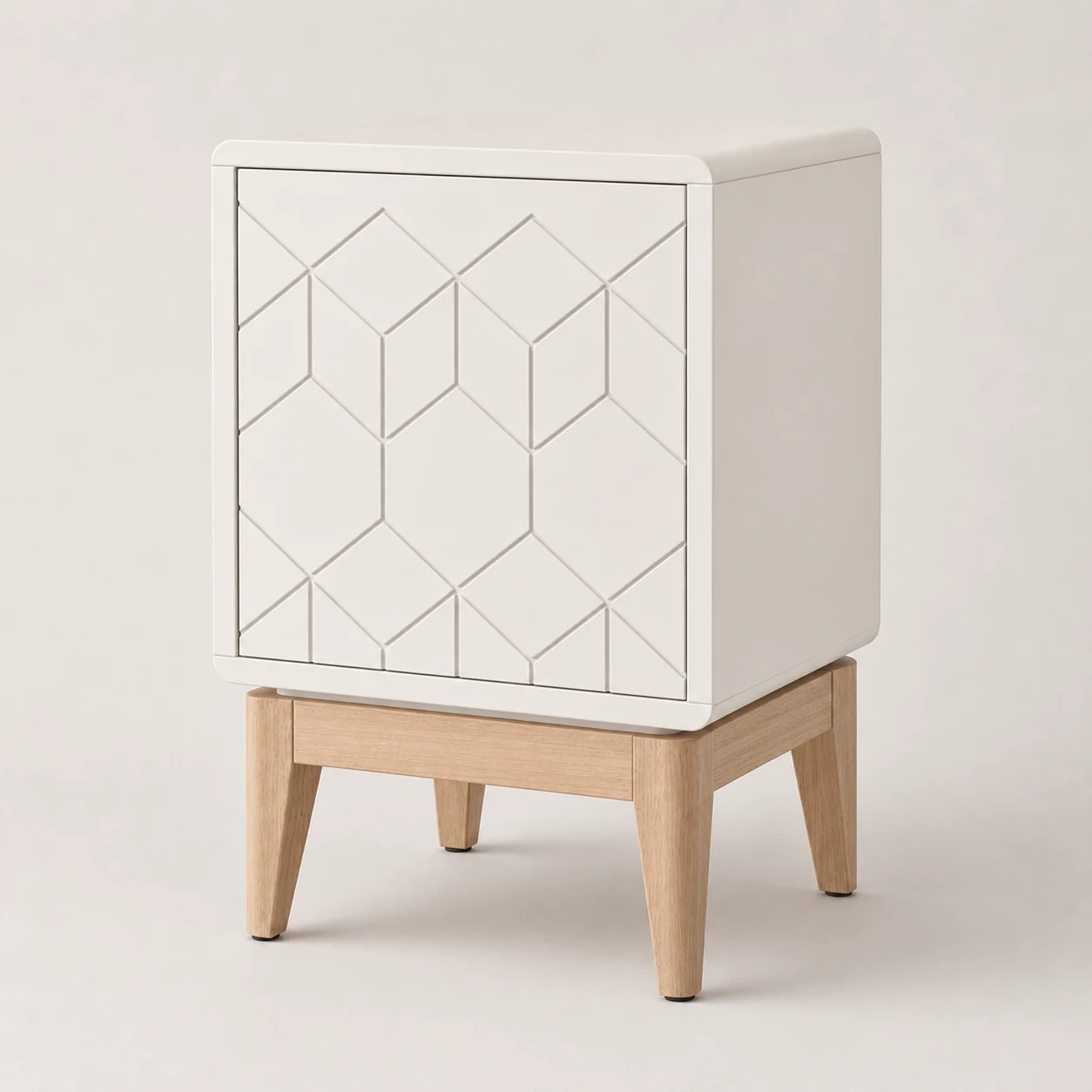 AN-04 GRID cabinet at three-quarter angle, chalk-white relief door on a light ash base